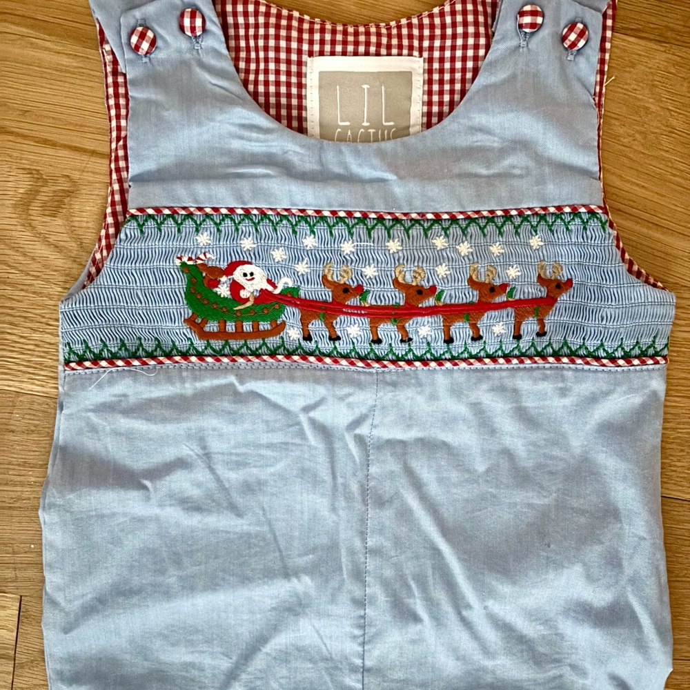 Light Blue Smocked Santa and Sleigh Overalls - Picture 5 of 7